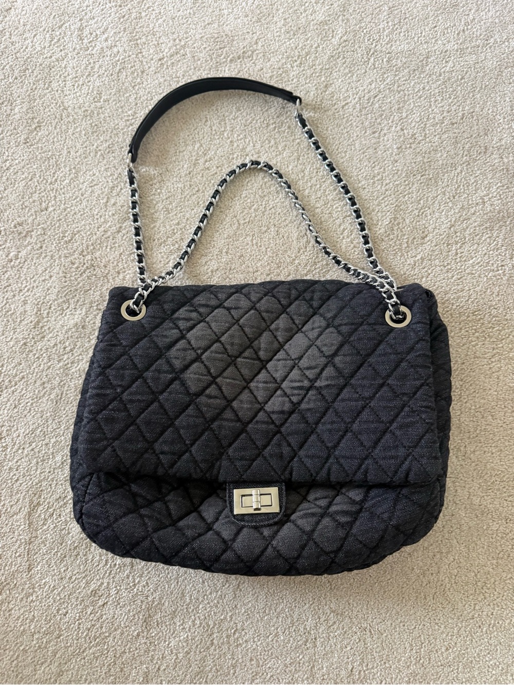 Quilted faded denim  Black Chain-Handle Shoulder Bag large